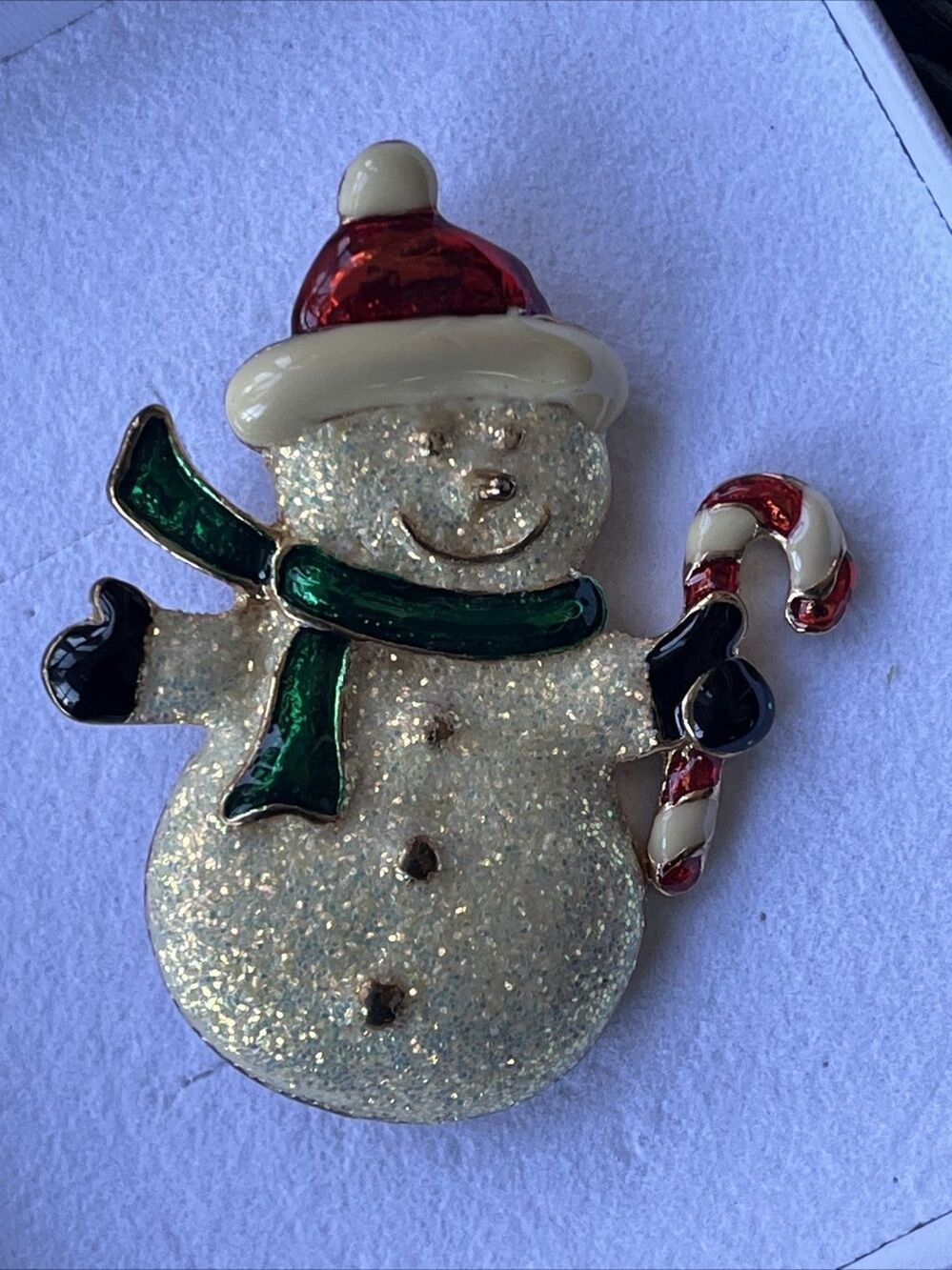 Vintage Christmas Snowman Enameled Glitter Brooch Holiday Pin Gold